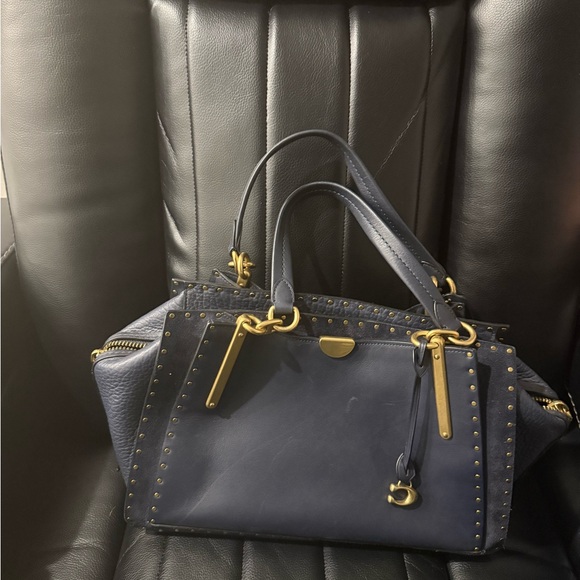 Worn 4 Times - Coach Navy Blue Leather Studded Women's Bag - Picture 2 of 3